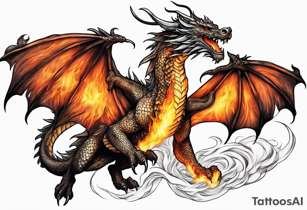 Flying dragon, fire around tattoo idea