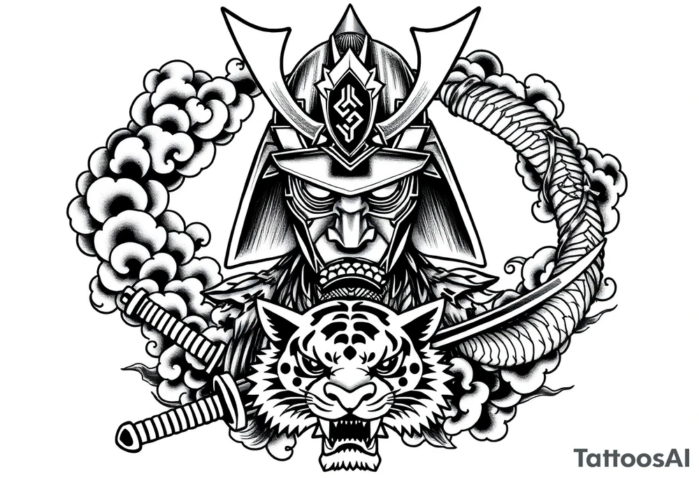 samurai warrior wearing a helmet. Some clouds around, with a tiger’s head beneath, and a samurai sword. This should be a good tattoo for forearm. Add a dragon going around them tattoo idea