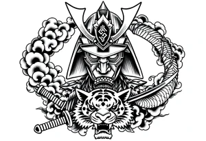 samurai warrior wearing a helmet. Some clouds around, with a tiger’s head beneath, and a samurai sword. This should be a good tattoo for forearm. Add a dragon going around them tattoo idea