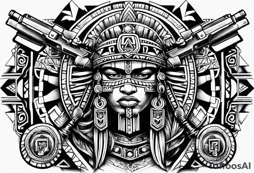 Aztec,gangster, pride,guns,symbols tattoo idea