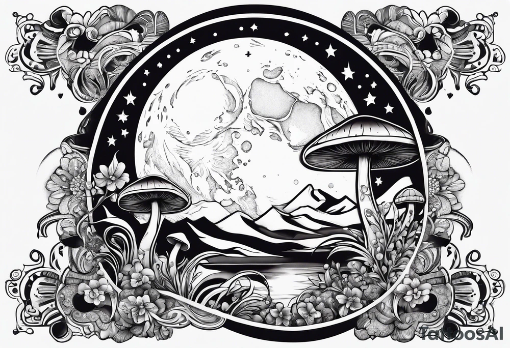 moon with crystals, mushrooms tattoo idea