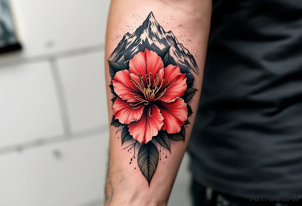 red  and black rhododendron trippy with Himalayas behind tattoo idea