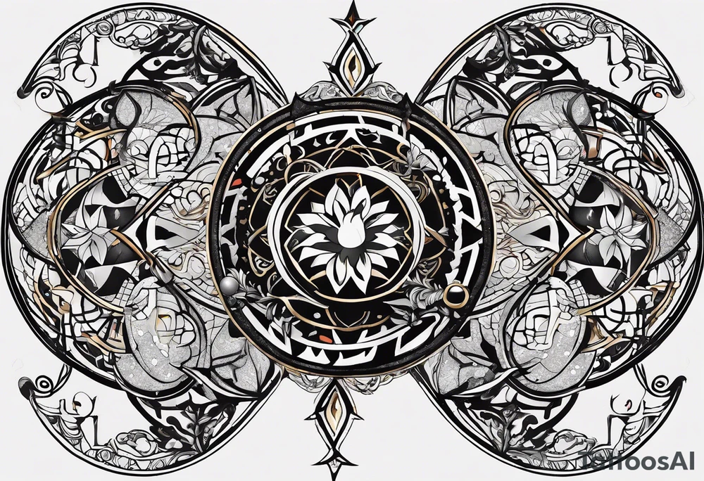 A tattoo design representing the interconnectedness of art, history, and cosmology, with elements of each intertwined in a visually striking way, tattoo idea