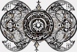 A tattoo design representing the interconnectedness of art, history, and cosmology, with elements of each intertwined in a visually striking way, tattoo idea