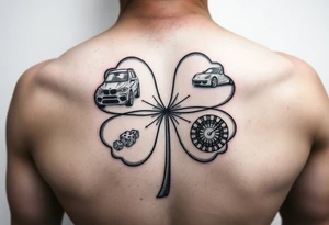 A four-leaf clover with a slot machine, a pack of cars, a pair of dice, and a roulette table in each leaf tattoo idea