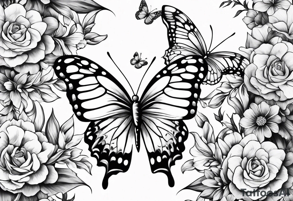 Butterflies flying around trail of flowers tattoo idea