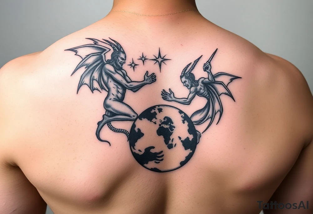 Heaven and hell fighting each other on earth tattoo idea