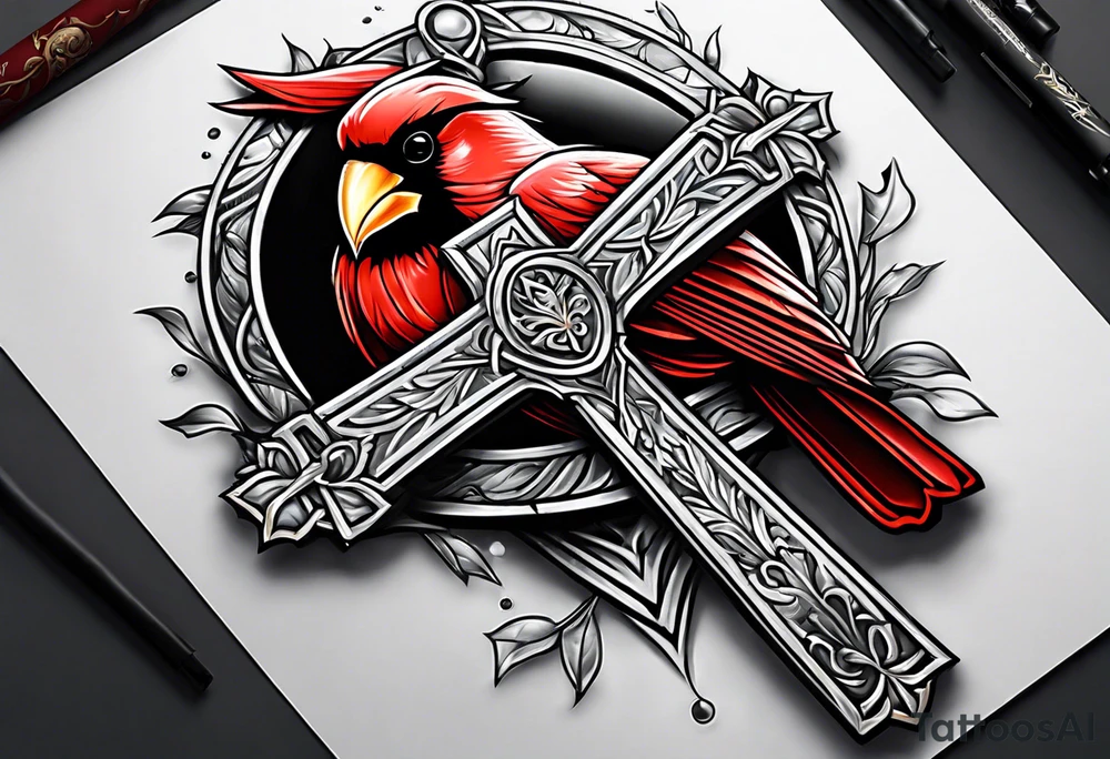 Cross with cardinal sitting on it tattoo idea