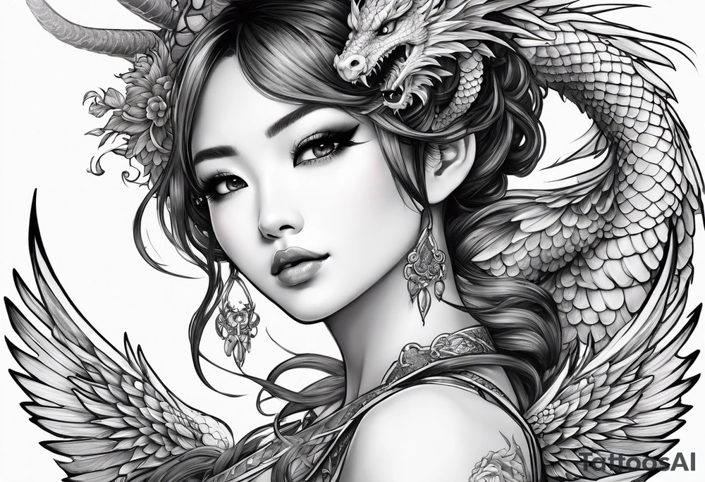 beautiful warrior nymph with wings and a dragon friend tattoo idea