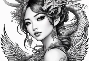beautiful warrior nymph with wings and a dragon friend tattoo idea