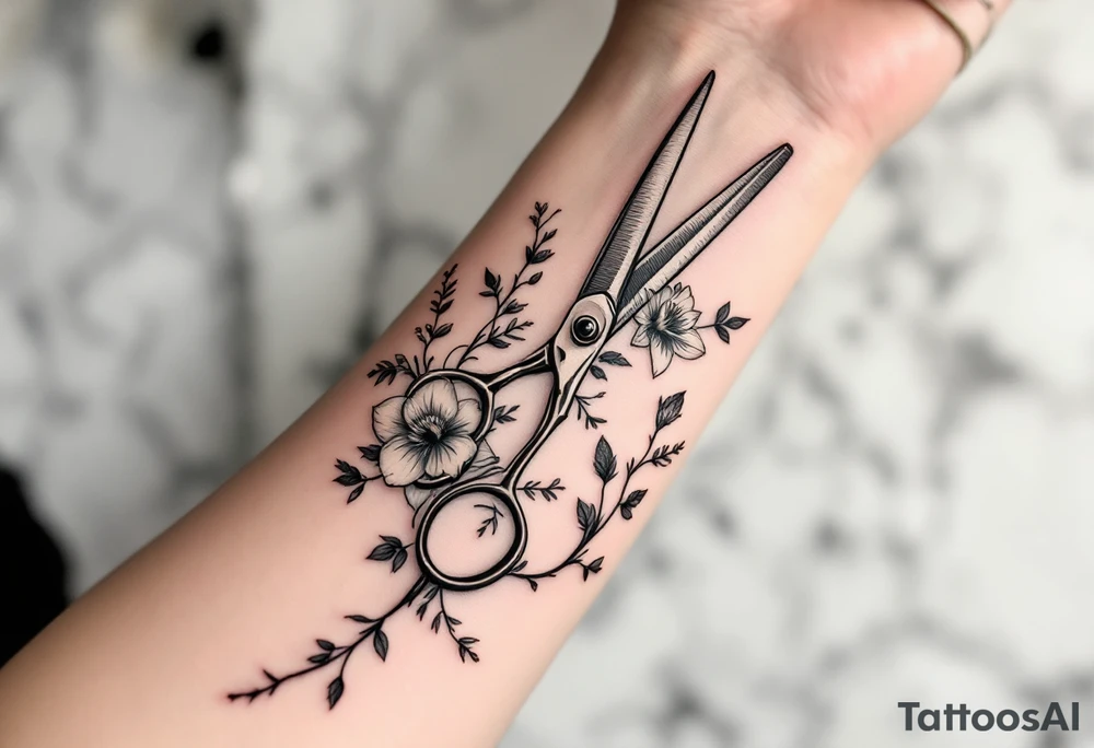 large haircutting scissors going from wrist to elbow with a large hawthorn flower, larkspur, daffodil and vine woven around up and down the arm tattoo idea