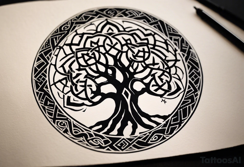 Yggdrasil: In the center of the forearm, representing the connection between the nine worlds.
Vegvisir: Integrated alongside Yggdrasil, symbolizing direction and protection.
Valknut: Placed near Yggdrasil, symbolizing the connection with Odin.
A chain filled of the following runes surrounding the forearm and previous tatto:
Uruz (ᚢ) The Uruz
Raido (ᚱ) The Raido
Gebo (ᚷ) The World
Perthro (ᛈ)
Elhaz (ᛉ) The Great One
Laguz (ᛚ) The Laguz
Odin’s Ravens: Located near Yggdrasil, representing wisdom.
Nine Worlds: Subtly integrated into the design of Yggdrasil. tattoo idea