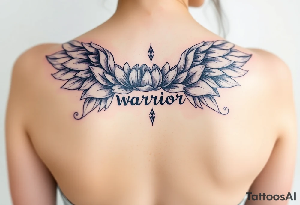 lotus flowers beautiful bold angel wings with word "Warrior" resembling strength and resilience tattoo idea