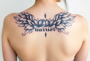 lotus flowers beautiful bold angel wings with word "Warrior" resembling strength and resilience tattoo idea