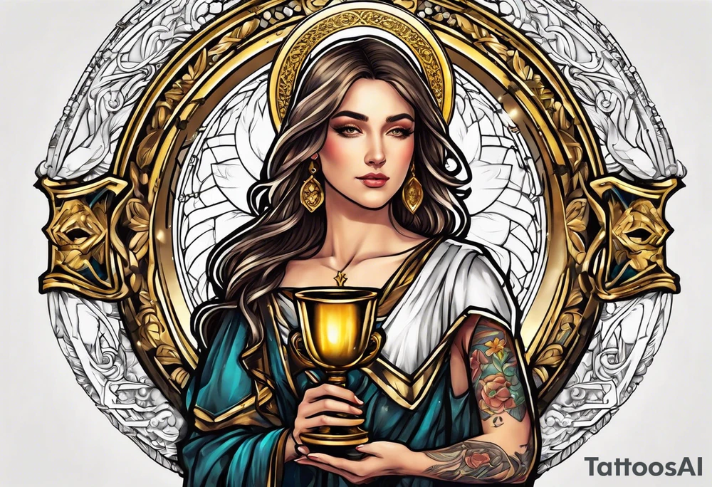 woman saint holding chalice surrounded by golden halo tattoo idea
