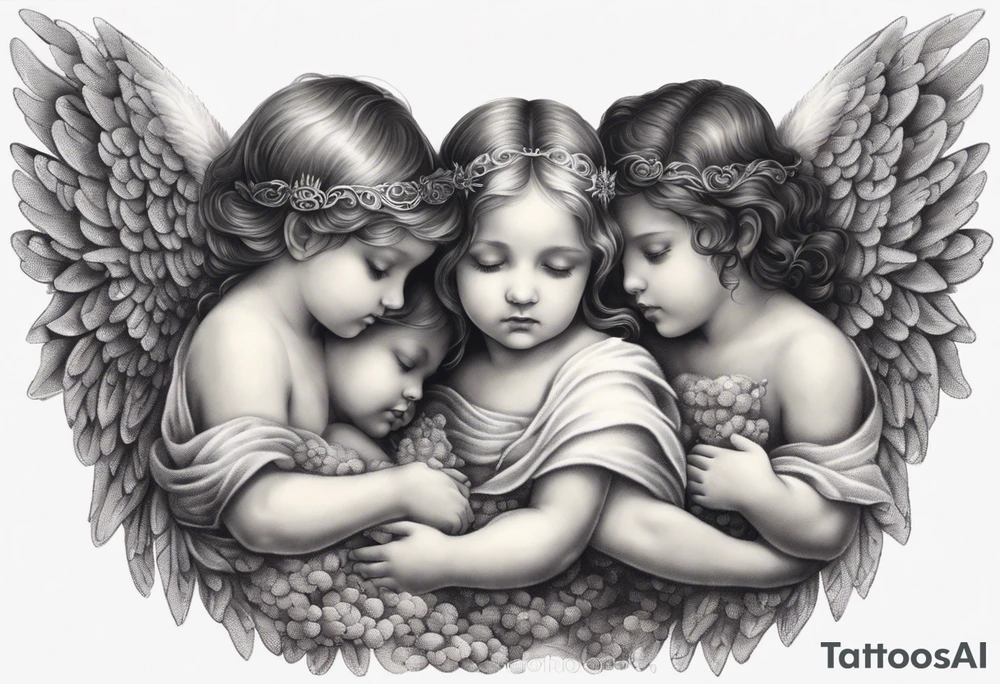 angels praying together. Three boy angels  and three girl angel, with their wings gently enfolding a baby angel in a protective embrace tattoo idea