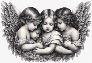 angels praying together. Three boy angels  and three girl angel, with their wings gently enfolding a baby angel in a protective embrace tattoo idea
