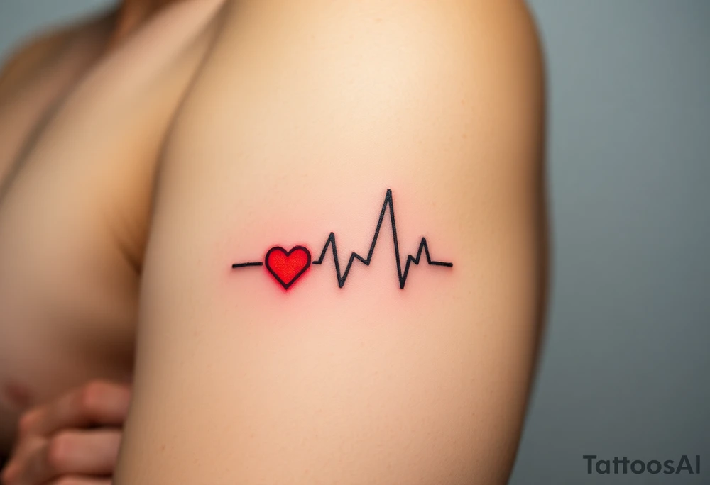 A heartbeat line with a small, minimalist pixelated heart on the end, glowing in red with a subtle digital glitch effect. tattoo idea