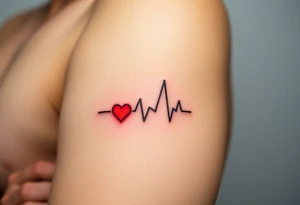 A heartbeat line with a small, minimalist pixelated heart on the end, glowing in red with a subtle digital glitch effect. tattoo idea