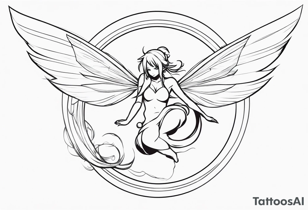No color sketch of a fairy with a tail inspired by the guild symbol in the anime show called Fairy Tail in a fetal position leaning forward while crawled in and her body is an angle while floating in the air with big wings tattoo idea