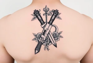 Handgun crossed with knife with snake wrapped around it with roses tattoo idea