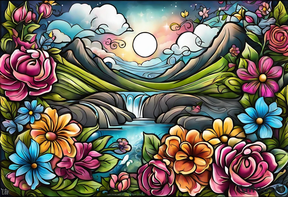 The words “when the time is right I the lord will make it happen” with flowers and clouds tattoo idea