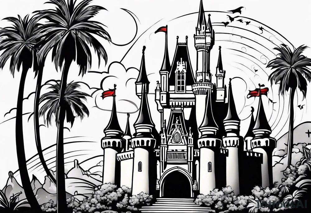 disney world castle with 
mickey mouse holding a knife in one hand and a stick in the other hand with palm trees and the celtic symbol for family tattoo idea