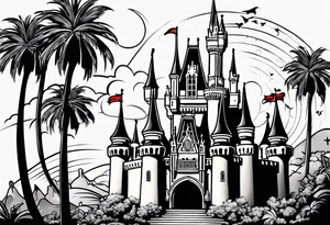 disney world castle with 
mickey mouse holding a knife in one hand and a stick in the other hand with palm trees and the celtic symbol for family tattoo idea