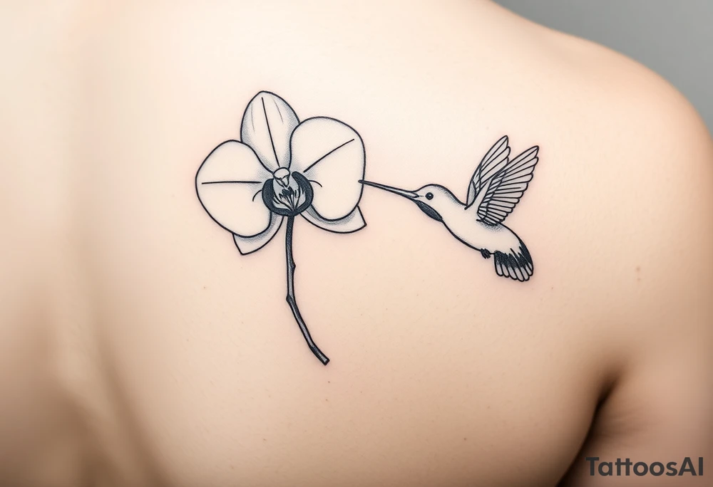 A delicate, black and white fine-line tattoo for make, featuring a gracefully detailed orchid in full bloom (stem and at least 2 flowers), with soft, intricate petals and elegant curves. Beside it, a hummingbird hovers mid-flight, its wings drawn with subtle motion lines, its slender beak reaching toward the orchid’s center to drink its nectar. The design captures a sense of balance and harmony, with the contrast between the stillness of the flower and the gentle energy of the bird. Perfectly suited for the upper arm, this piece combines nature’s beauty and movement in a timeless, minimalist style tattoo idea