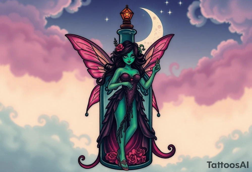 Tim Burton’s kelly doty pin up style Vintage Parisian elegant and hauntingly beautiful yet eerie full body absinthe Green Fairy dances outside her victorian crystal decatur she was once inside this elaborate ornate bottle absinthe bottle Absinthe Art Nouveau   and dripping with muted reds, dusty pinks, and eerie green glow.purple and cyan smokey clouds swirl in the crescent moonlit sky thats sprinkled with stars tattoo idea