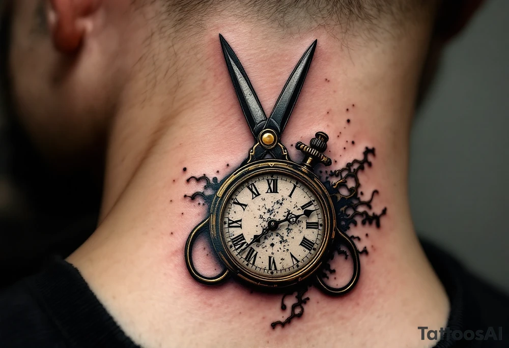 Scissors and Clock Tattoo – A vintage-style pair of brass scissors placed near an old-fashioned pocket watch, with black and gold tones to create a sense of timelessness, symbolizing the passage of time and the precision of moments. tattoo idea