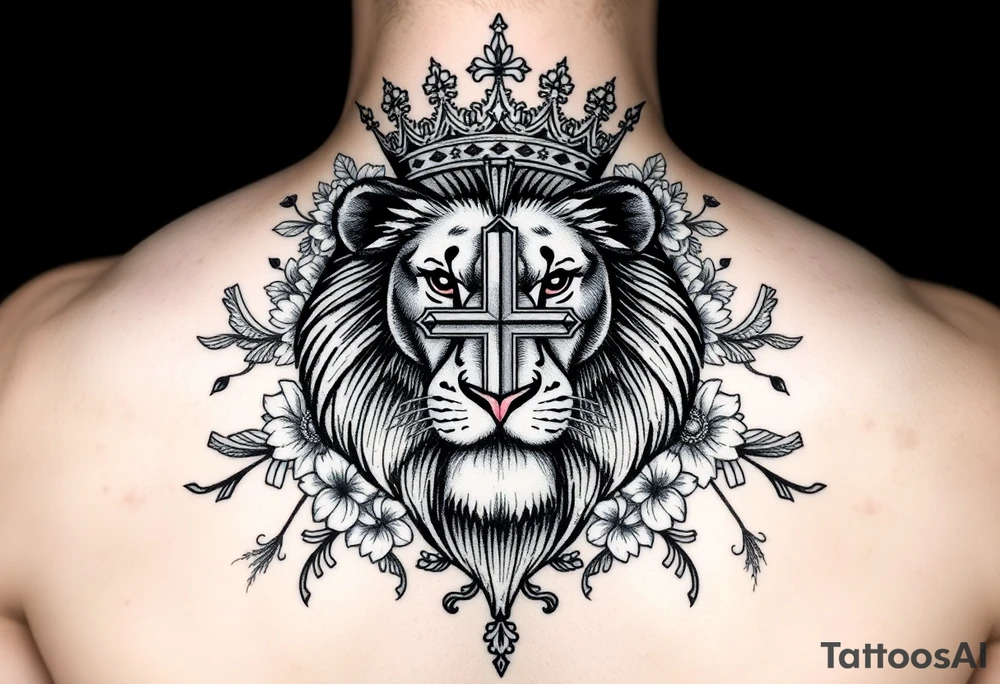 powerful majestic lion with a King crown, surrounded by floral oranaments and birds with a cross brought to backwards to seemingly fit and match. For the cross: the cross must be ion the middle of the crown lion through it's in the background (brounght backwards) but the horintal and vertical points can be seen outside thr crown lion tattoo idea