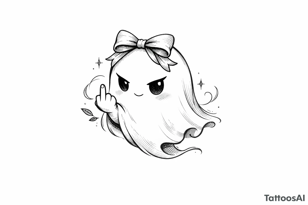 Cute ghost in a bow giving the bird, anime style, soft shading, small. tattoo idea