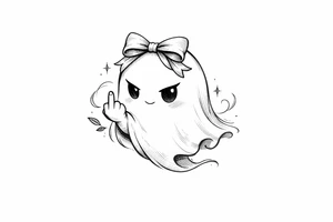 Cute ghost in a bow giving the bird, anime style, soft shading, small. tattoo idea