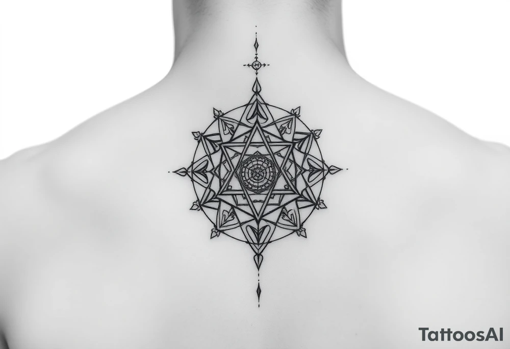 wide sacred geometry throat tattoo with several symbols combined tattoo idea