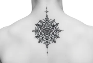 wide sacred geometry throat tattoo with several symbols combined tattoo idea