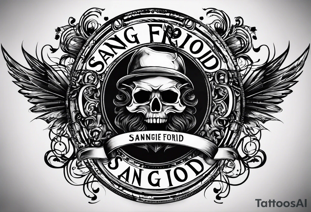 i want a tattoo that has the text 'sang-froid' and 'sanguine'
, with only one sang with minimal visual effects that are gothic, nihilistic and stoic. tattoo idea