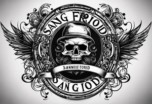 i want a tattoo that has the text 'sang-froid' and 'sanguine'
, with only one sang with minimal visual effects that are gothic, nihilistic and stoic. tattoo idea