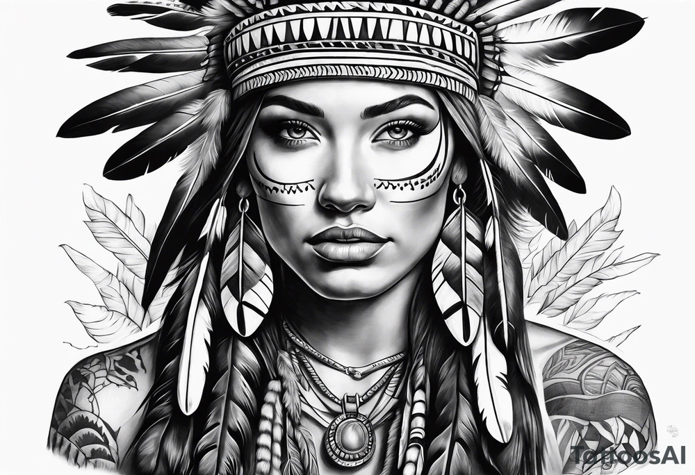 realistic native+animals american tattoo idea