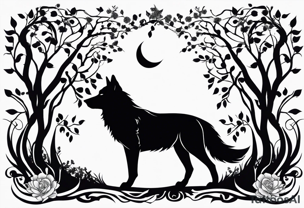 Two curved lines diverge, representing paths. One path is barren. The other path sprouts small leaves. Silhouette of a hunched wolf at the end of the barren path. Silhouette of a standing, open wolf at the end of the flowering path tattoo idea