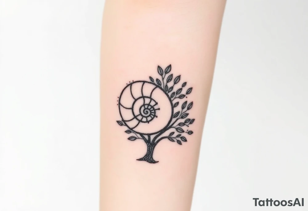 Fibonacci spiral shell on side of base of tree full of lots of leaves tattoo idea
