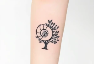 Fibonacci spiral shell on side of base of tree full of lots of leaves tattoo idea