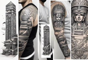 a mix of egypt and dubai, skateboarding, scuba diving, the word family and present arm sleeve. tattoo idea