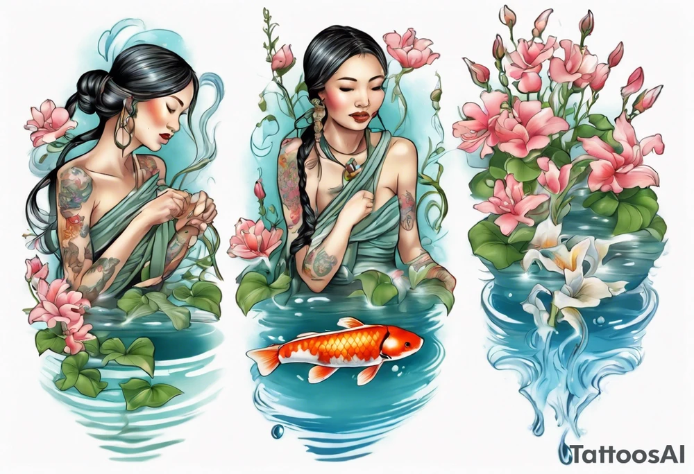 ethnic 
water-bearing woman and two little boys, watering sweet pea flowers cascading down, surrounding a pond with 2 koi fish swimming tattoo idea