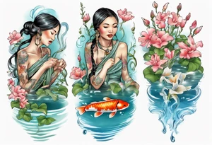 ethnic 
water-bearing woman and two little boys, watering sweet pea flowers cascading down, surrounding a pond with 2 koi fish swimming tattoo idea