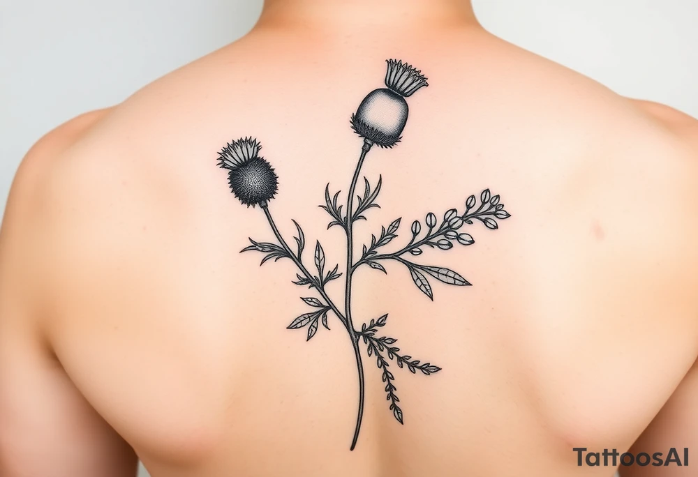 small botanical drawing of scottish thistle, olive branch/olive, and cat nip for a wrap around wrist tattoo as one plant - make it vine-like? tattoo idea