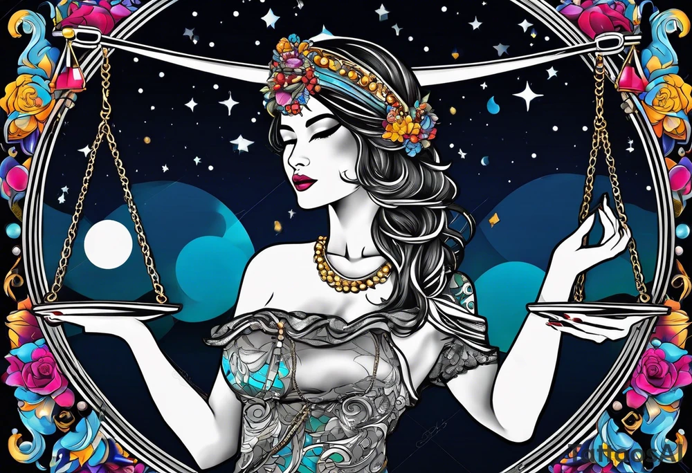 Beautiful woman blindfolded holding the libra scales, in the background is the libra constellation with a halfmoon surrounding half of the woman. The scales hang from the bottom of the half moon. Vibrant colors intensify the picture tattoo idea