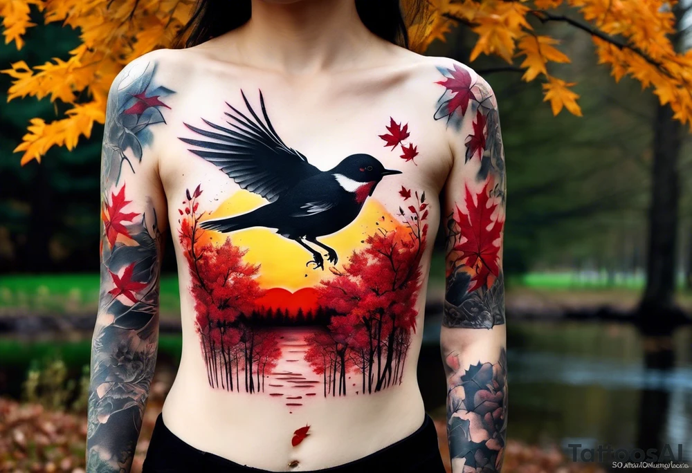 trash polka style. Arm tattoo. chest tattoo. Long tattoo. large tattoo. Full sleeve. Shoulder. A single large maple tree with red autumn leaves that branches upwards from wrist to shoulder. White-throated dipper bird on the trees branches. Calluna flowers at the base of the trees stem. Red/yellow sunset behind the trees stem. Leaves falling. tattoo idea
