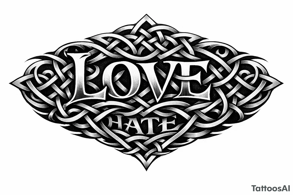 Stylized knotwork: 'love' prominent, 'hate' subtly woven in reverse. tattoo idea