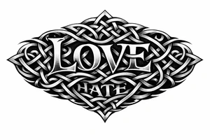 Stylized knotwork: 'love' prominent, 'hate' subtly woven in reverse. tattoo idea